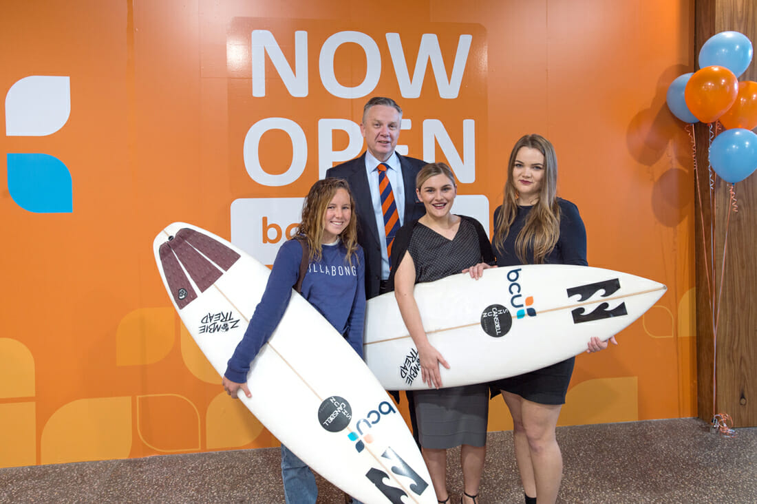 Acting CEO Alan Butler with (l to r) Carly Shanahan and bcu staff members Whitney Bengtson & Jennifer Buciuman