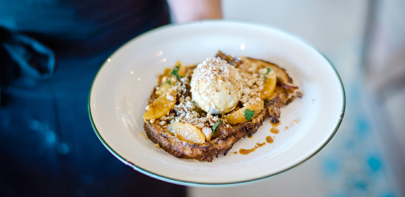 Hilltop Recipe, French Toast with Orange & Medjool Dates, Macadamia Ice-cream, Palm Sugar Caramel