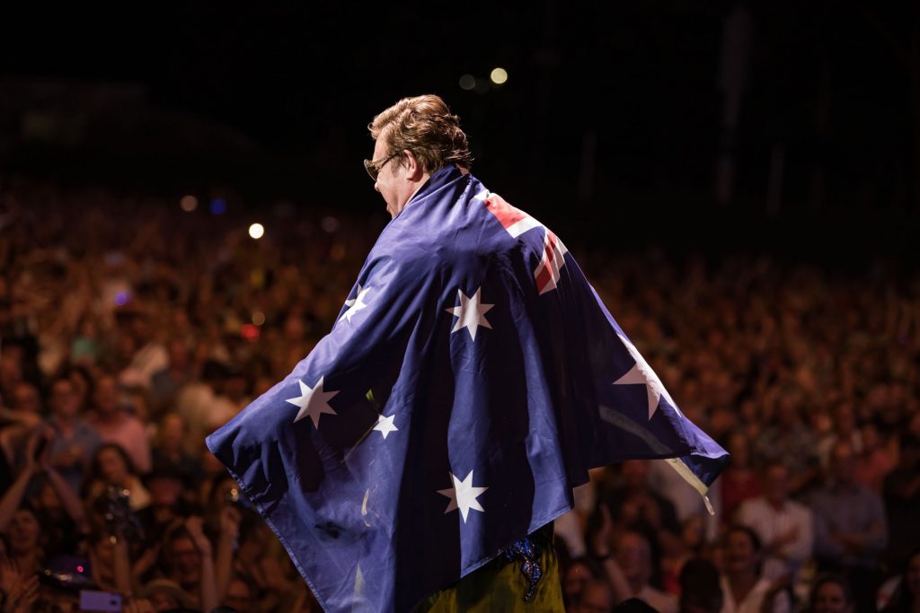  Elton's love of Oz was made clear. Image by Ben Gibson courtesy of C.ex Coffs International Stadium in Coffs Harbour. 