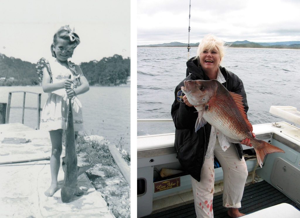 Young Di Morrissey (l) in Sydney's Pittwater with a baby shark and (r) catching snapper offshore near Brunswick Heads