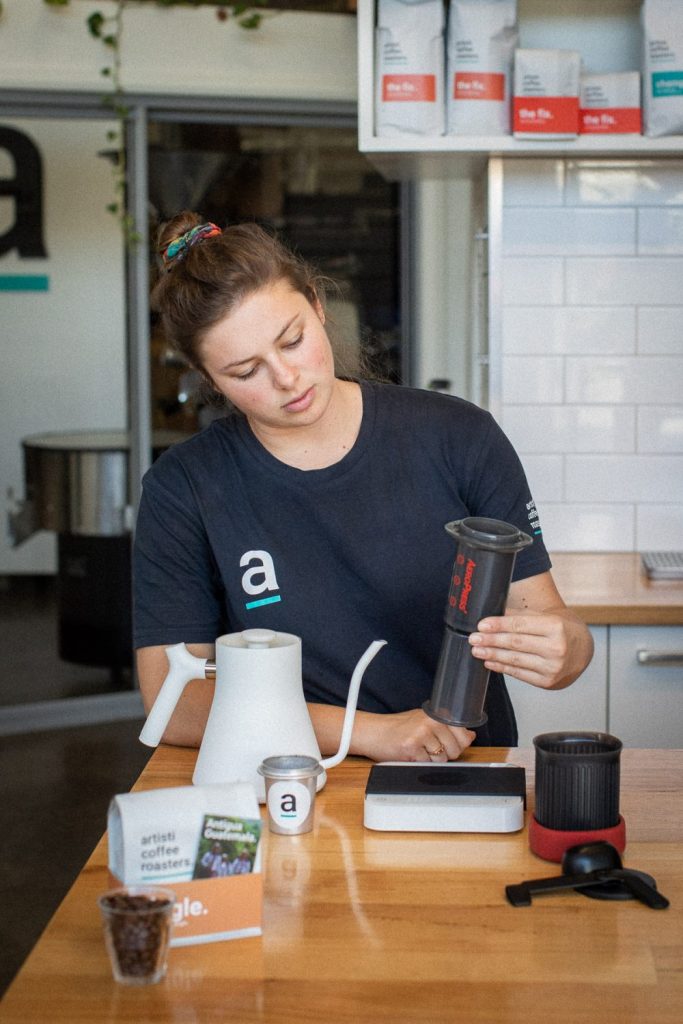 Barista Lilee Griffiths with the AeroPress Go filter coffee maker 1 by Elize Strydom