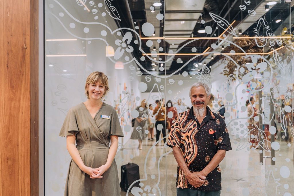 Ash Frost from the Coffs Harbour Regional Gallery and Uncle Mark  Flanders at the front of the Culture Hub at Coffs Central 