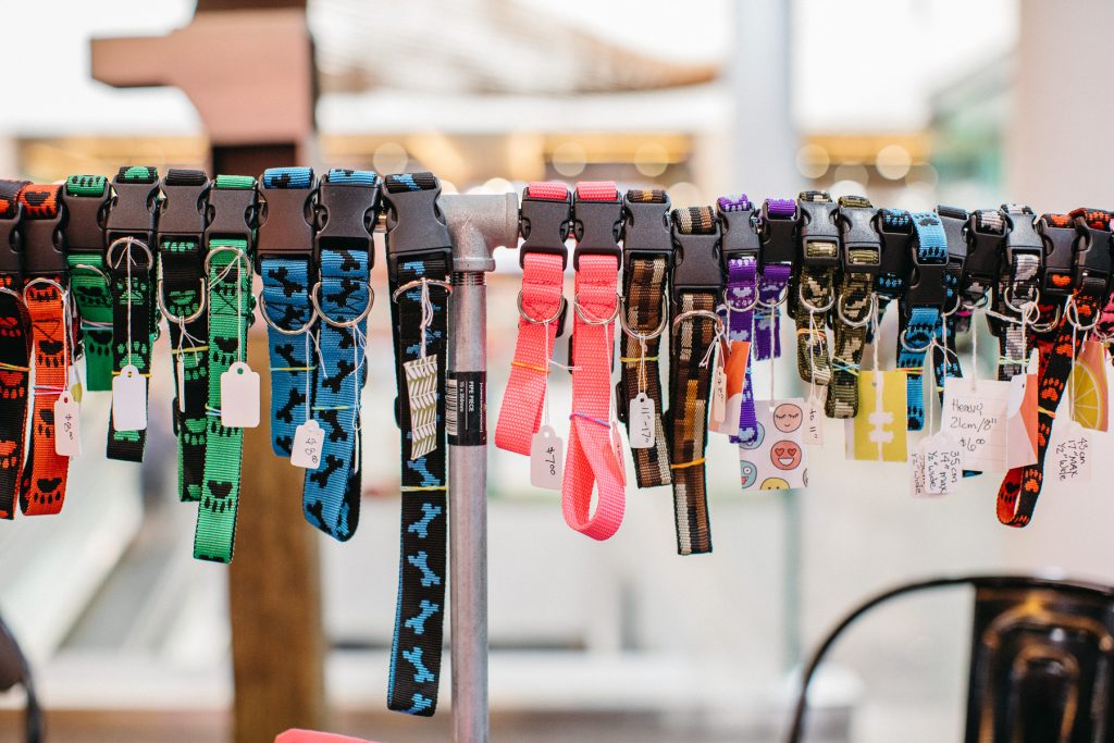 A collection of colourful dog collars 