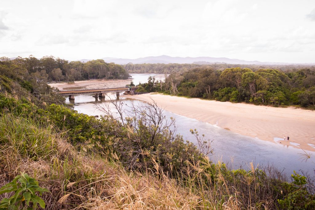 Landscape shot of Boambee estuary and rail bridge