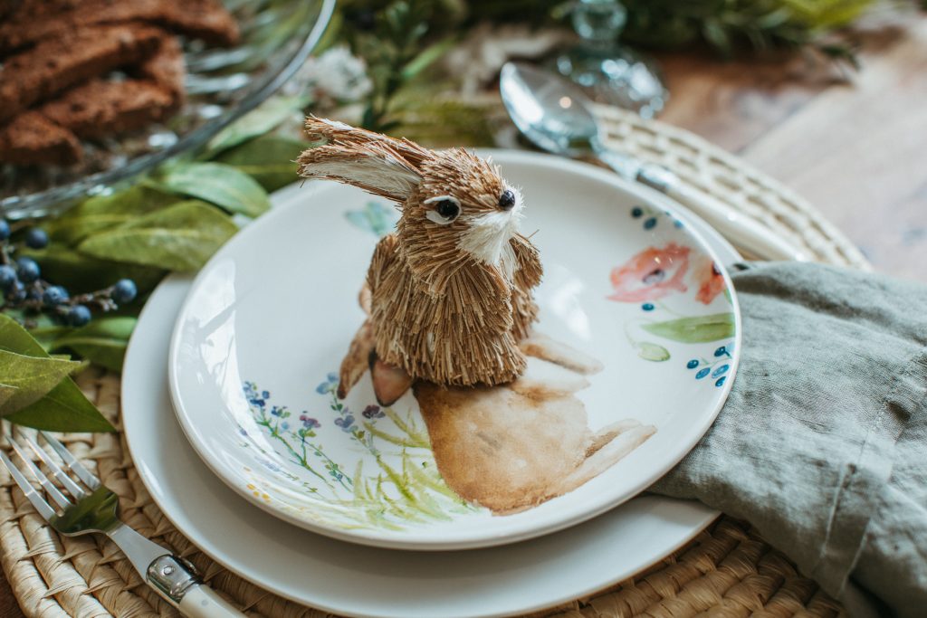 Mini rabbit sculptures as decoration on an Easter table