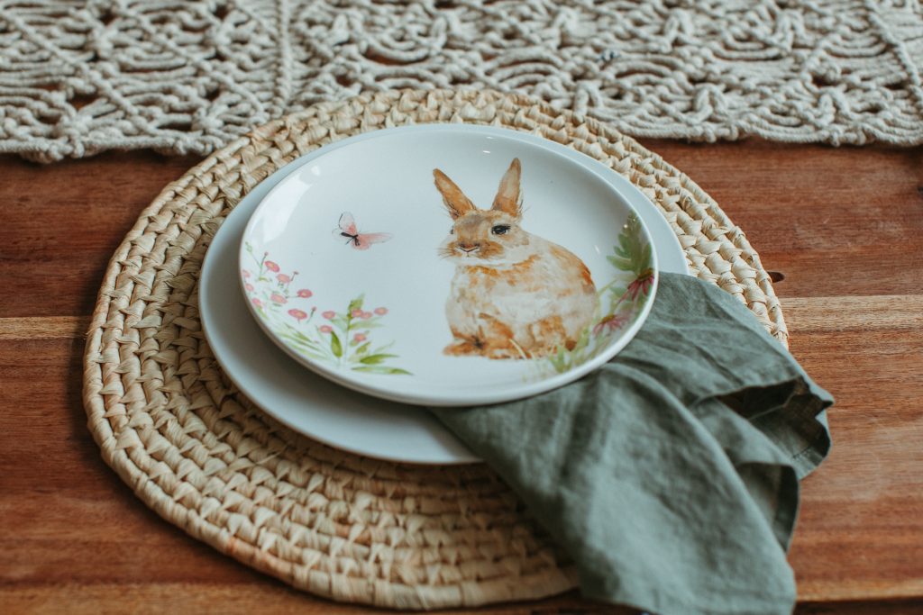 Close up of a plate with a rabbit painted on it