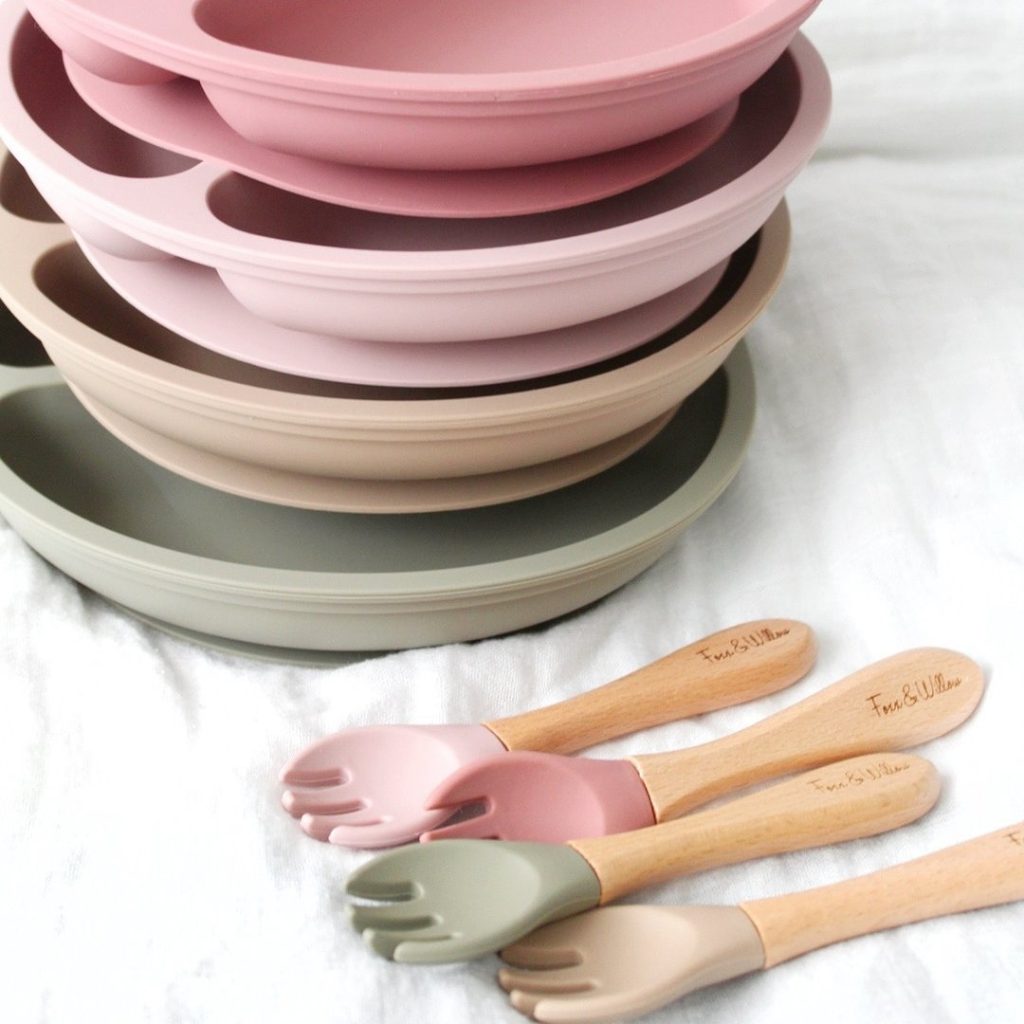 Close up of silicone bowls and plates for babies and children