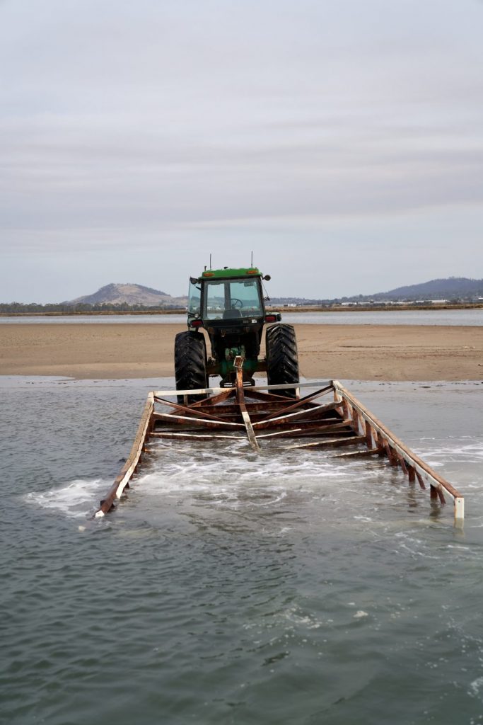 Oyster traps on the back of a tractor 