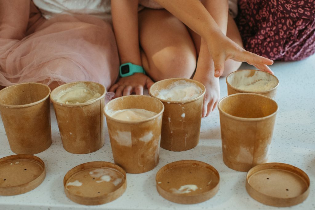 Close up of cardboard cartons of gelato