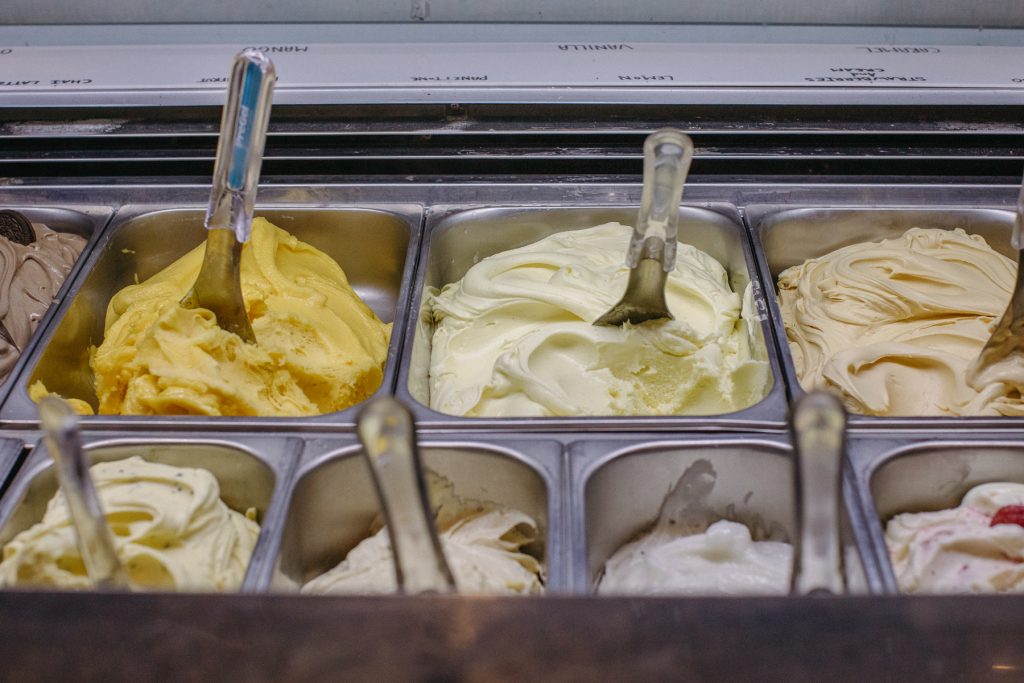 A close up of gelato in a cold cabinet 