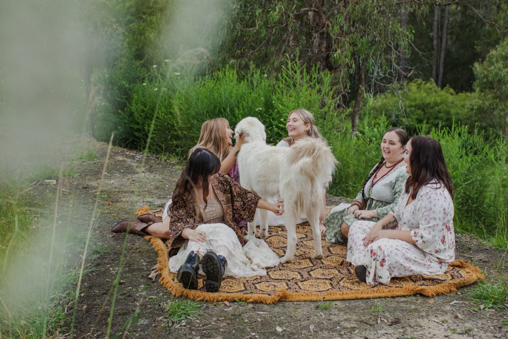 Young women sit on a picnic blanket with a sheepdog 