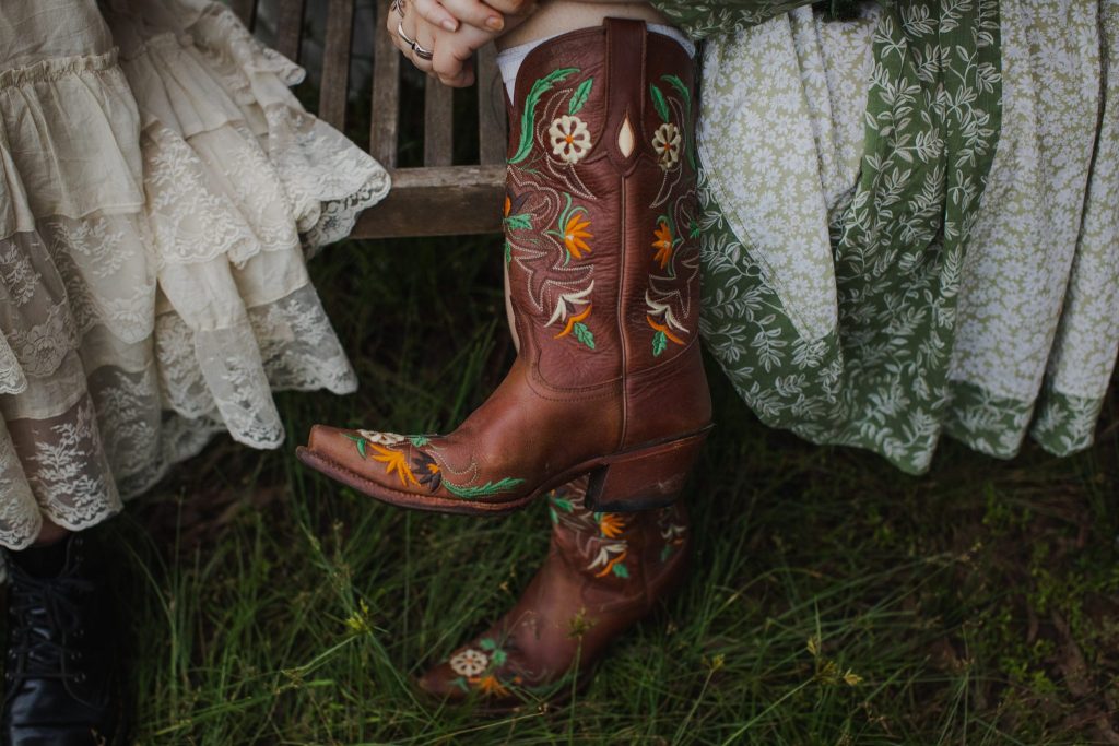 Close up of embellished leather boots