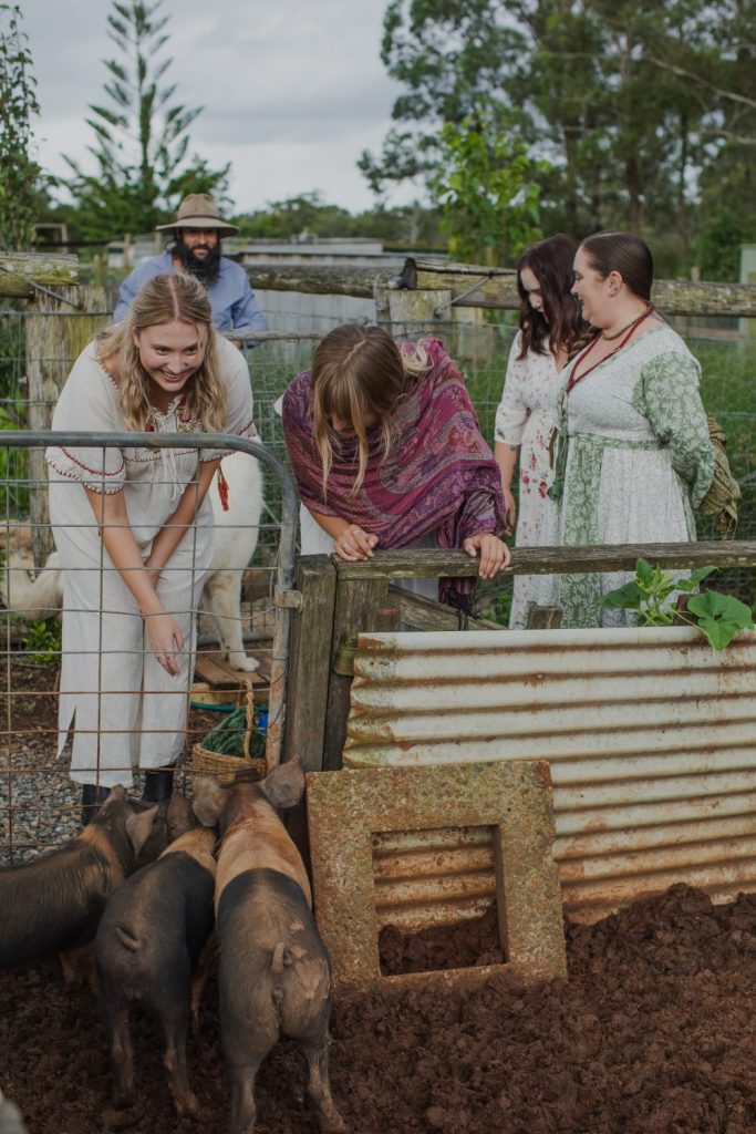 Young women looking at small brown pigs