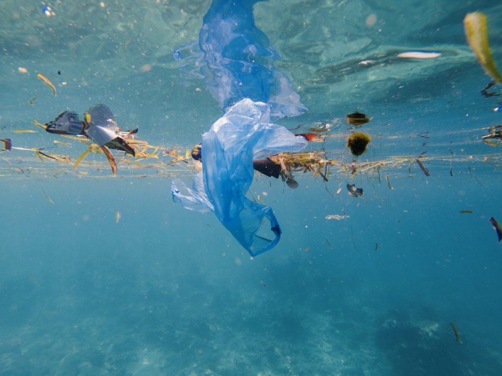 Plastic bottles and bags below the surface of the water