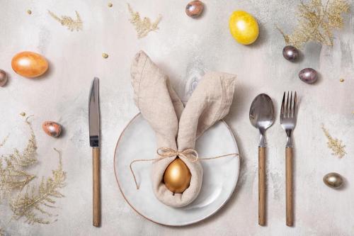 Neutral Easter table setting. 